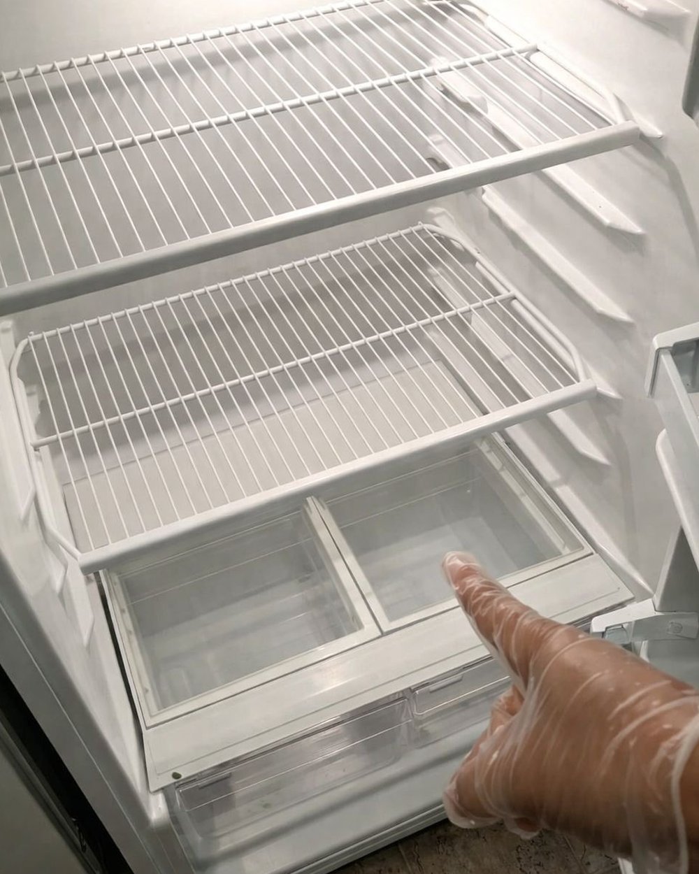 The same fridge after the clean: spotless shelves and drawers